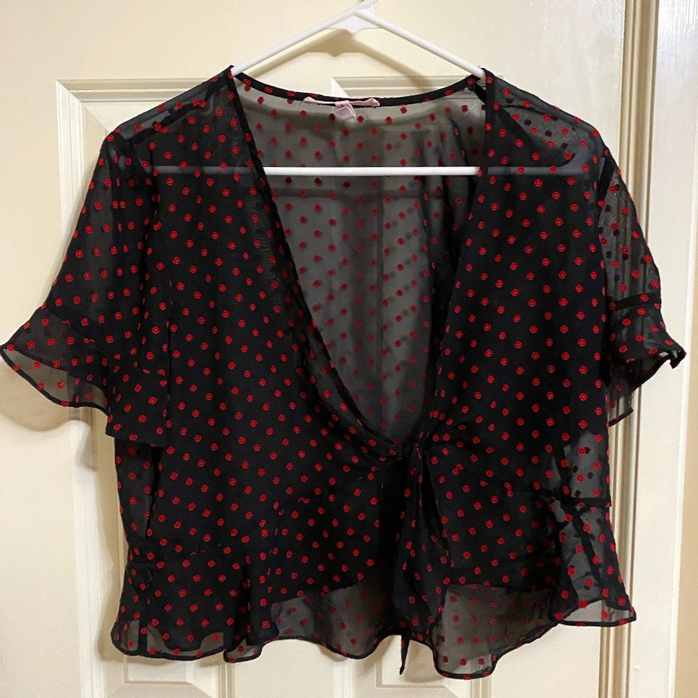 BCBG Generation Sheer Black Top with Red Polka Dots